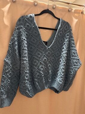 Vici Open Knit V-Neck Sweater in Dusty Blue